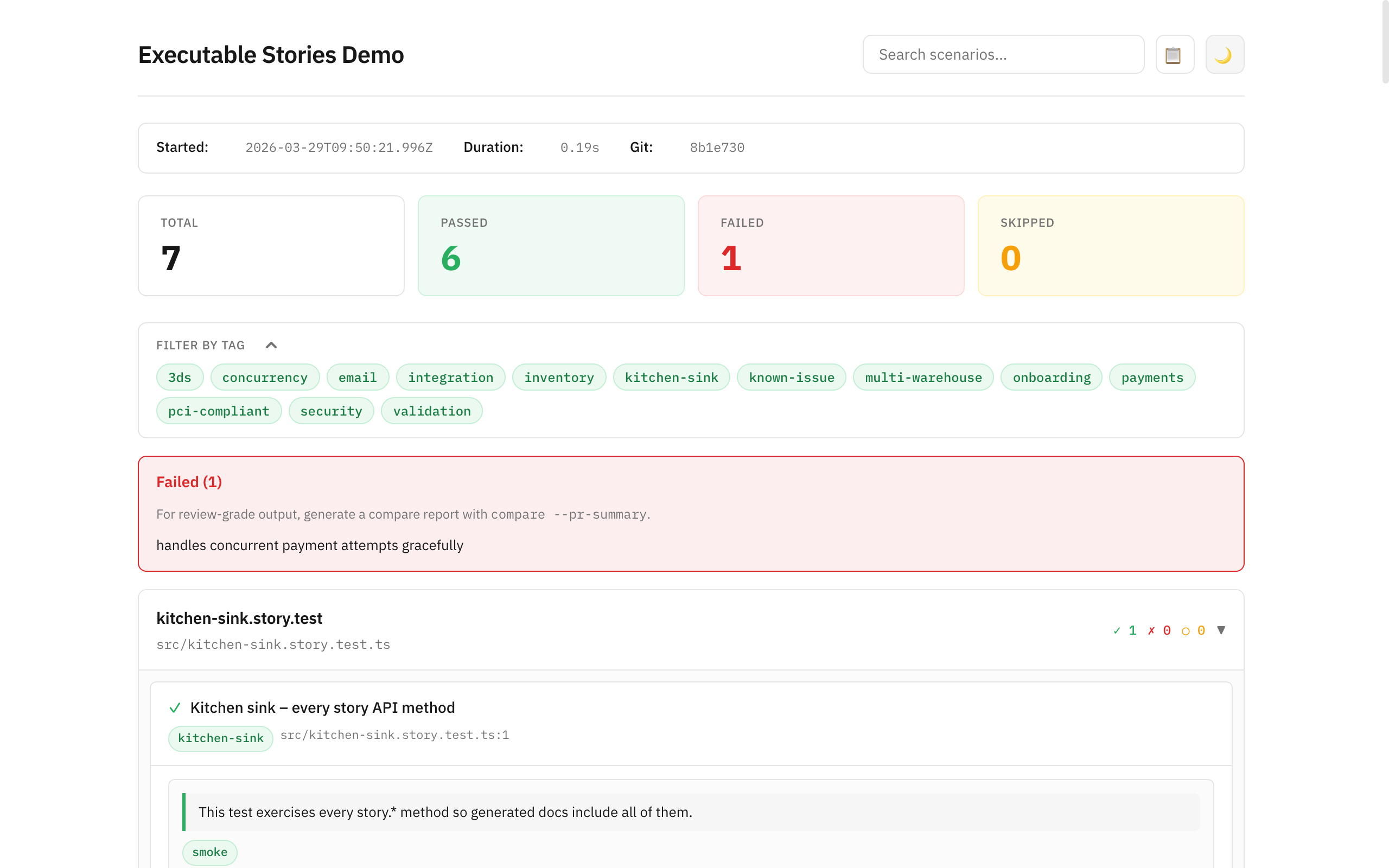 Same test data rendered as a clean, searchable HTML report